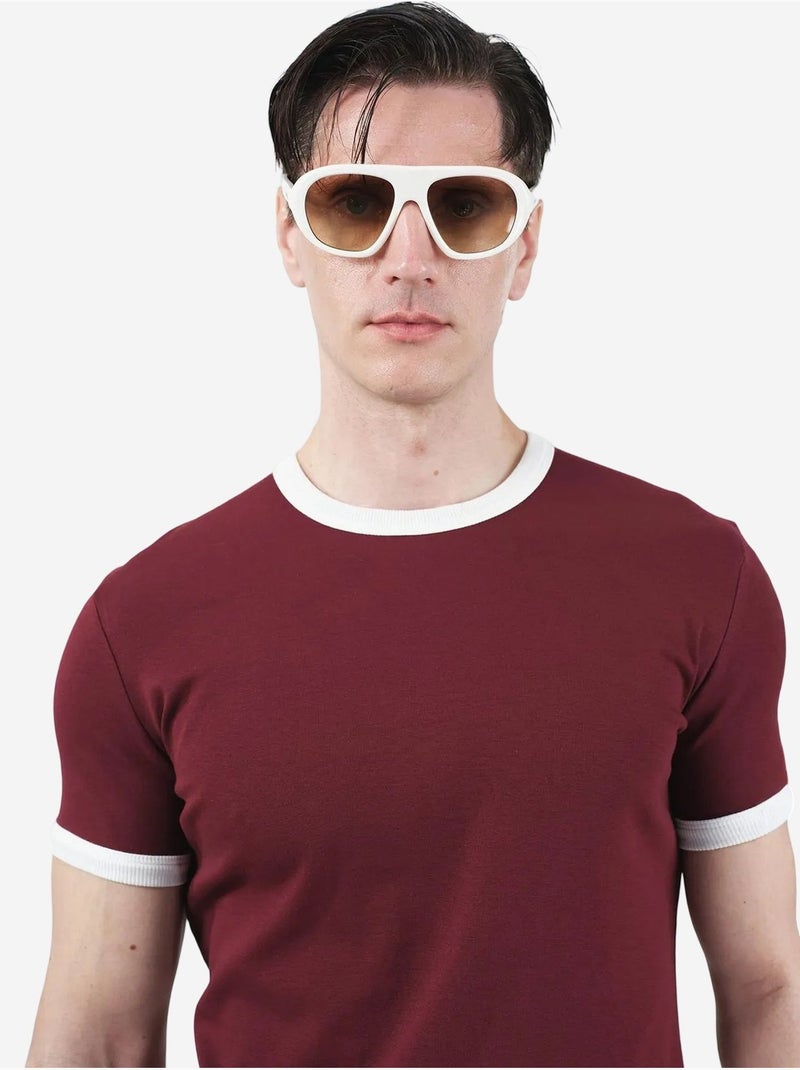 T-shirt slim fit com decote redondo e debrum em contraste giesto Vermelho bordô - Kiabi