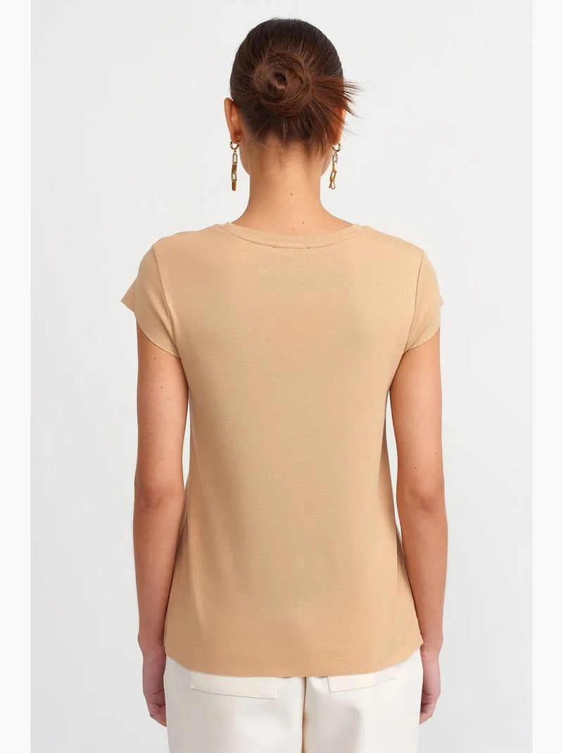 T-shirt slim fit de algodão com decote redondo dilvin Bege-argila - Kiabi