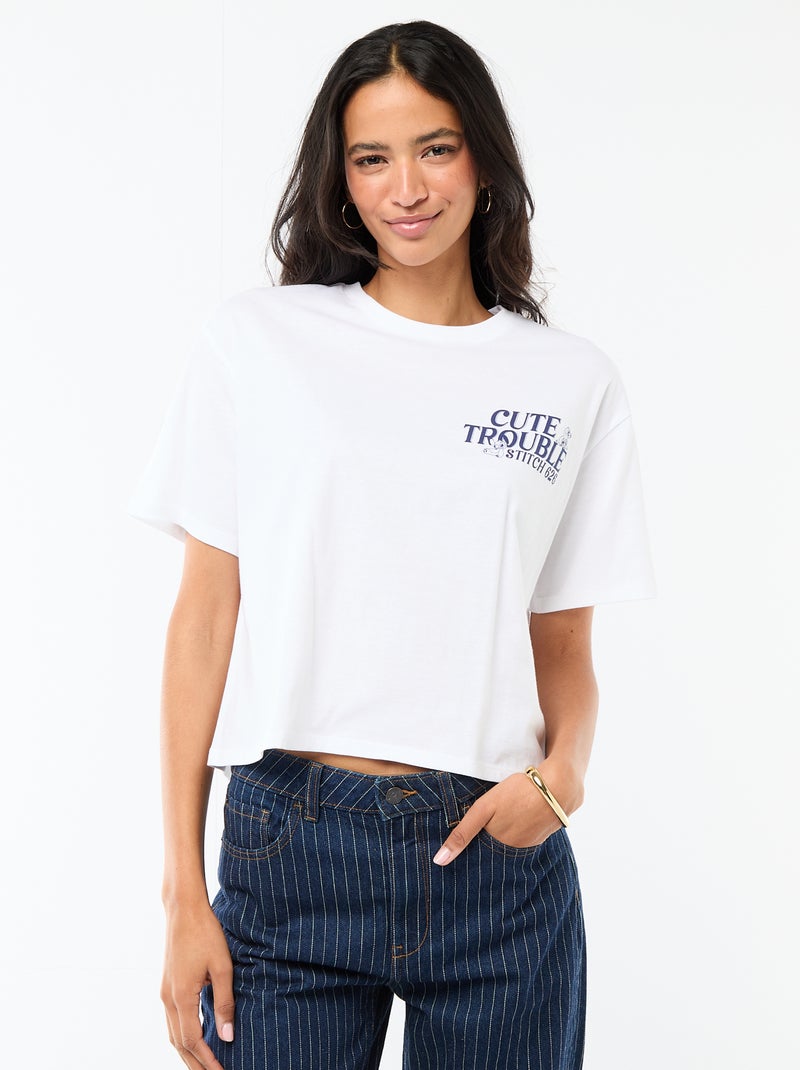 T-shirt 'Stitch' cropped de mangas curtas Branco - Kiabi