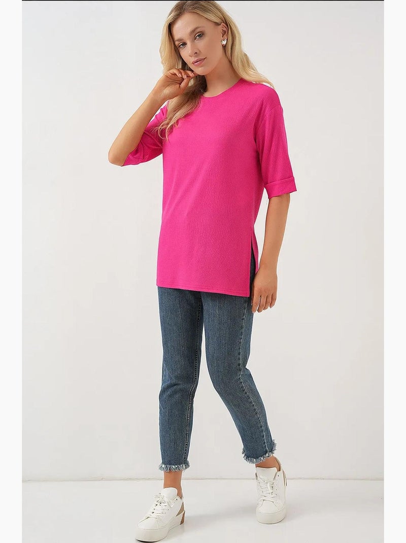 T-shirt texturizada de gola redonda e manga curta bdart Rosa-fluo/Solinotes - Kiabi