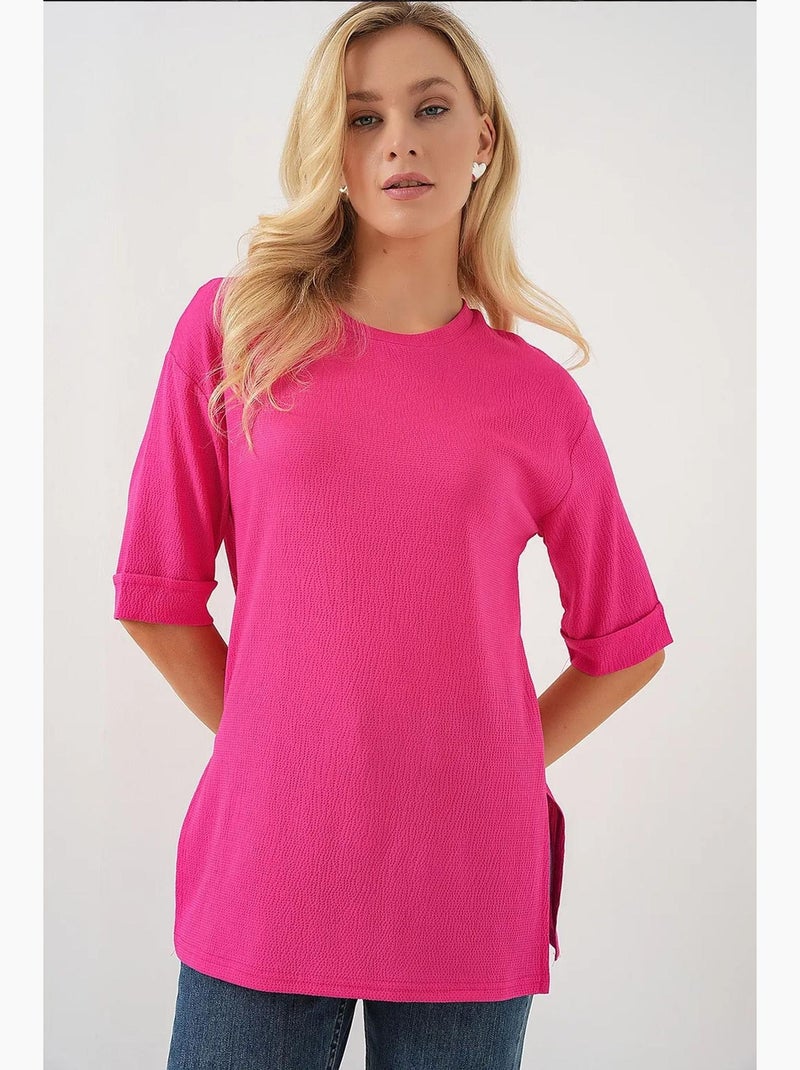 T-shirt texturizada de gola redonda e manga curta bdart Rosa-fluo/Solinotes - Kiabi