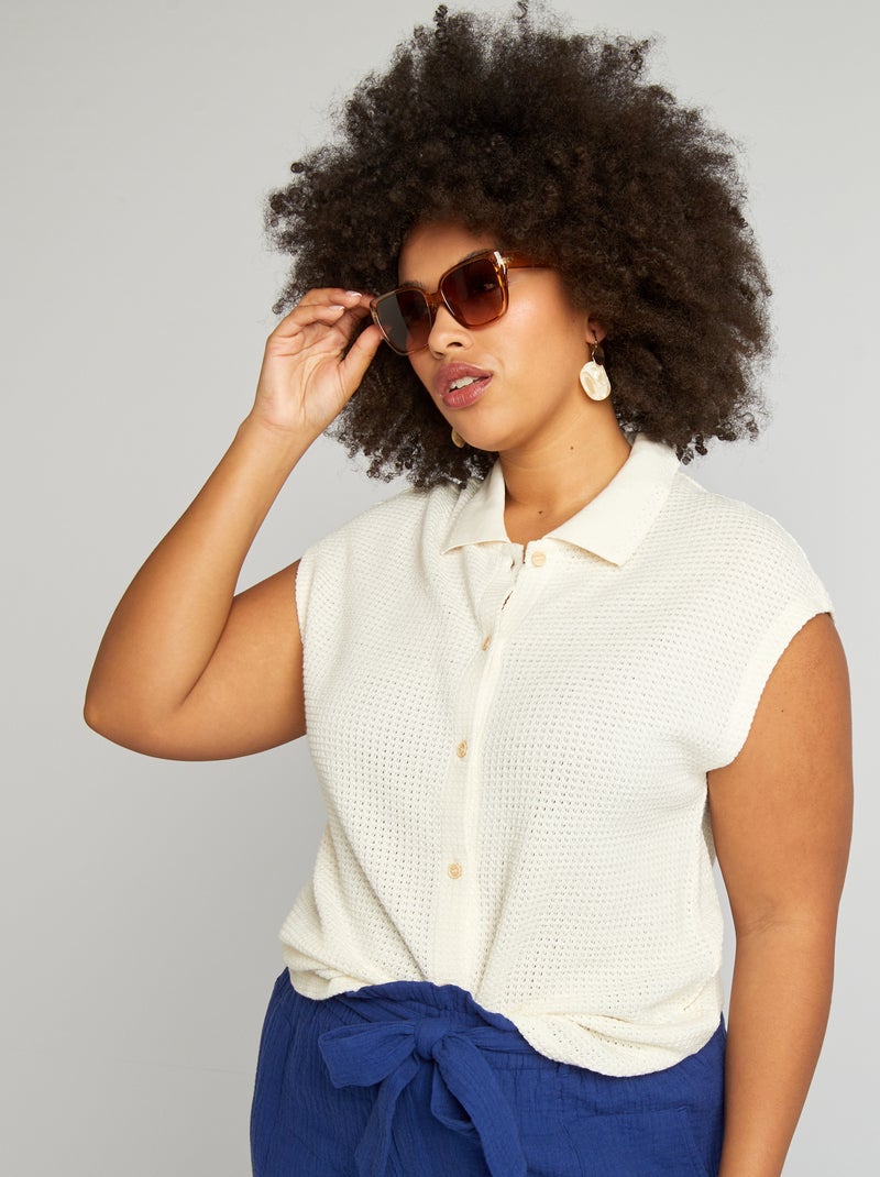 T-shirt tipo camisa de malha ajurada BRANCO - Kiabi