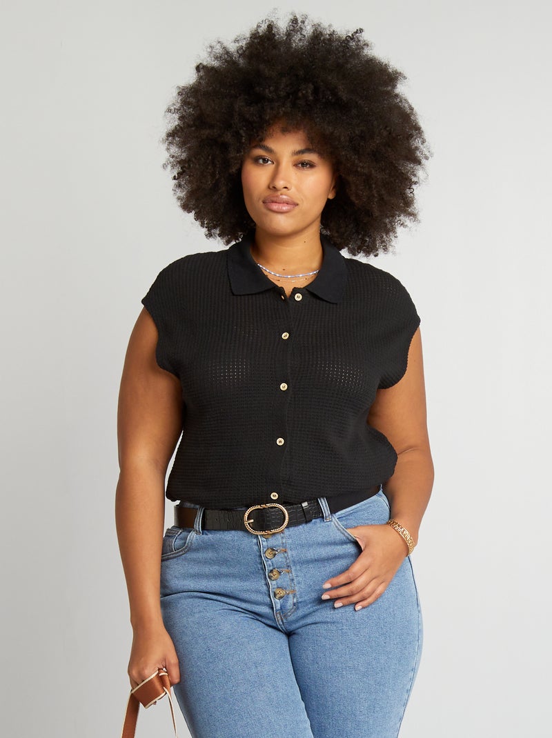 T-shirt tipo camisa de malha ajurada Preto - Kiabi