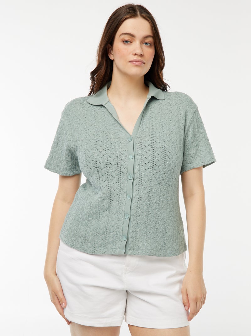 T-shirt tipo casaco em malha croché Azul - Kiabi