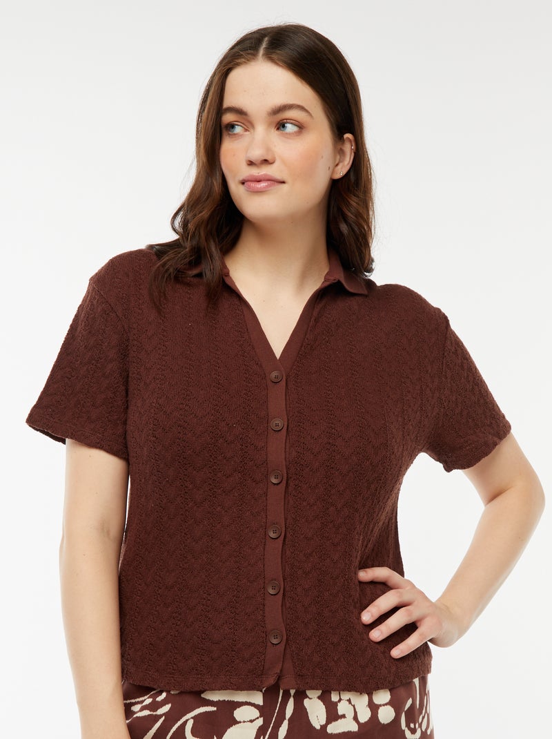 T-shirt tipo casaco em malha croché Castanho - Kiabi