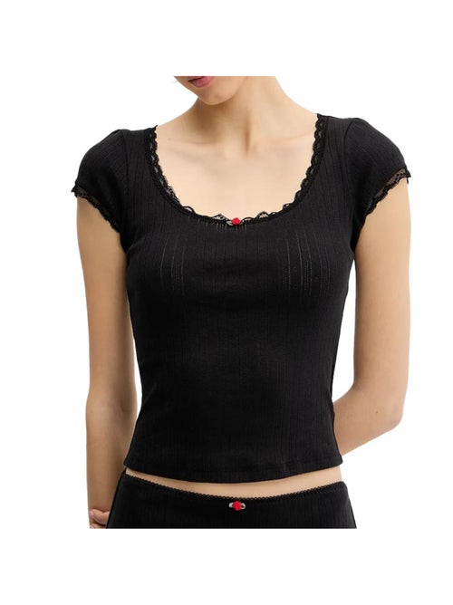 T-shirt Tommy Hilfiger Pointell Preto para Mulher - Kiabi T-shirt Tommy Hilfiger Pointell Preto para Mulher - Kiabi
