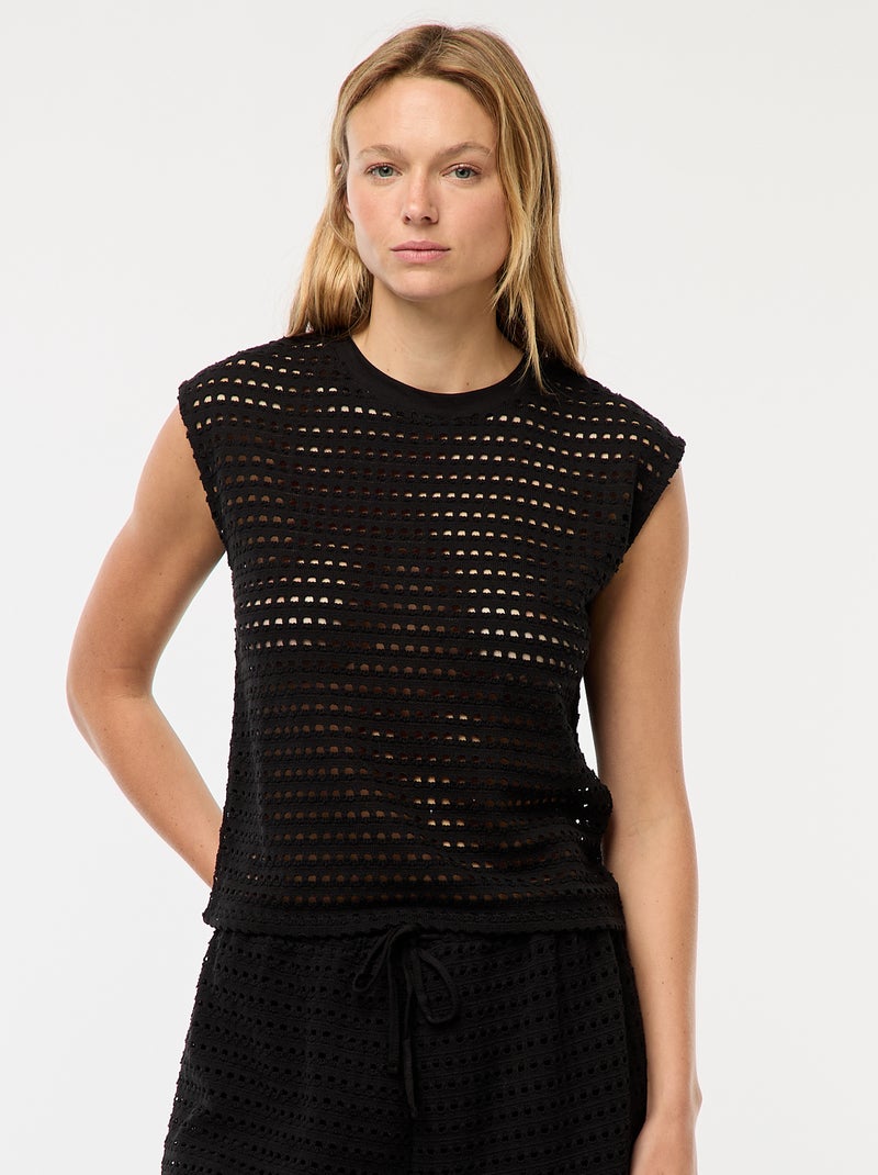 T-shirt top em croché ajurado Preto - Kiabi