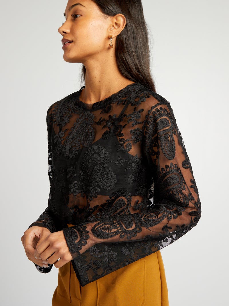 T-shirt transparente com renda e bordado Preto - Kiabi