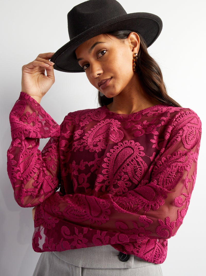 T-shirt transparente com renda e bordado ROSA - Kiabi
