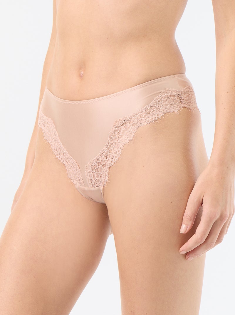 Tanga em microfibra acetinada e renda Rosa - Kiabi