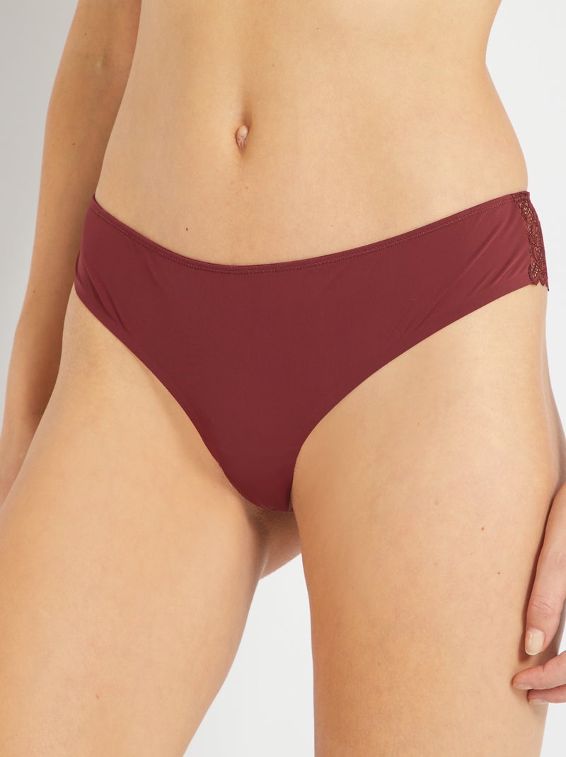 Tanga em microfibra e renda Castanho - Kiabi