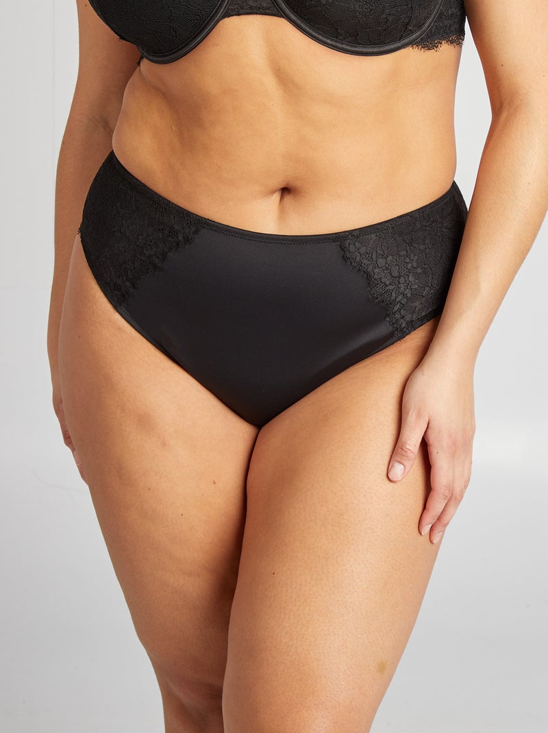 Tanga em microfibra e renda Preto - Kiabi