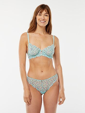 Tanga em renda com estampado floral tricolor