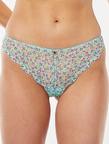Tanga em renda com estampado floral tricolor