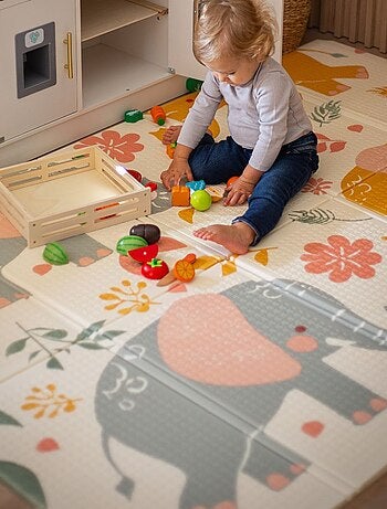 Tapete de atividades dobrável 180 x 120 cm em espuma xpe – elefantes/cinza
