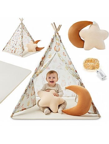 Tenda tipi infantil mamabrum com tapete, almofadas e luz led – bege e verde-oliva