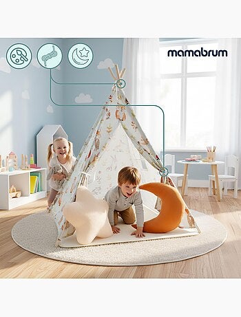 Tenda tipi infantil mamabrum com tapete, almofadas e luz led – bege e verde-oliva