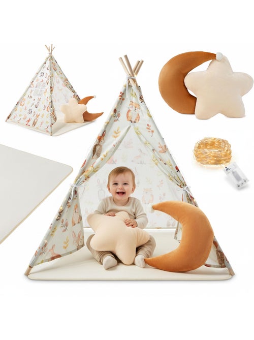 Tenda tipi infantil mamabrum com tapete, almofadas e luz led – bege e verde-oliva - Kiabi
