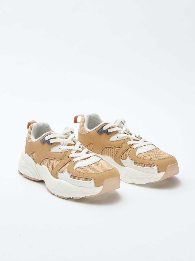 Ténis em malha e pele sintética bege - Kiabi