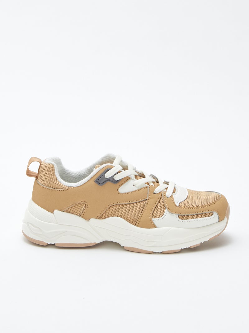 Ténis em malha e pele sintética bege - Kiabi