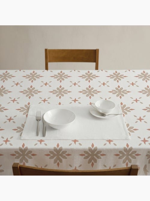 Toalha de mesa antinódoas com estampado geométrico floral de estilo mediterrânico - Gamusi. - Kiabi