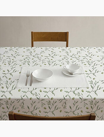Toalha de mesa antinódoas com estampado mediterrânico de oliveiras - Gamusi.