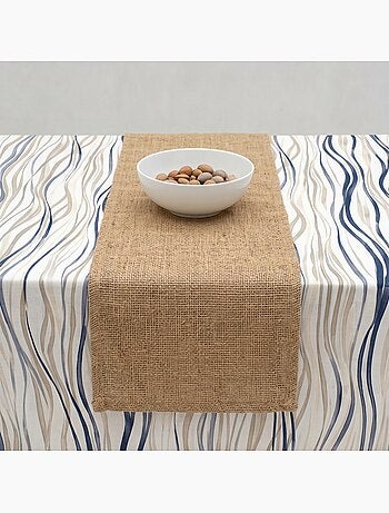Toalha de mesa antinódoas com estampado mediterrânico de riscas assimétricas - Gamusi.
