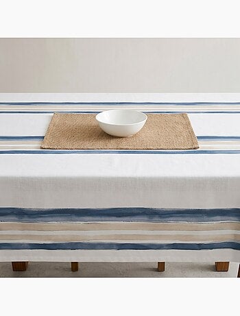 Toalha de mesa antinódoas com estampado mediterrânico de riscas horizontais - Gamusi.