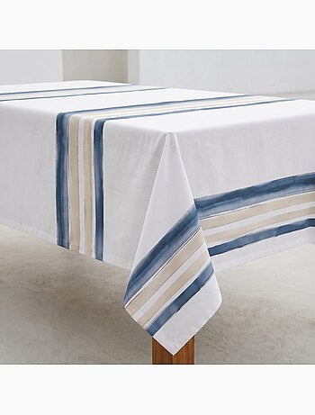 Toalha de mesa antinódoas com estampado mediterrânico de riscas horizontais - Gamusi.