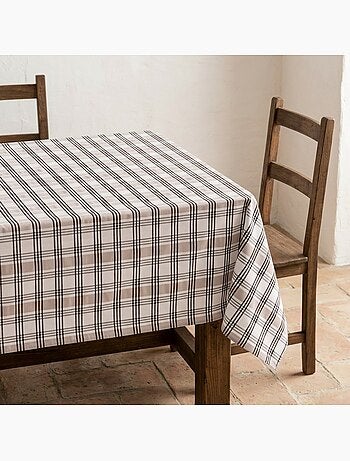 Toalha de mesa antinódoas com quadrados e riscas múltiplas, toque e caimento natural - Gamusi.