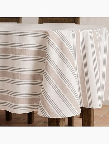 Toalha de mesa antinódoas com riscas múltiplas, toque e caimento natural - Gamusi.