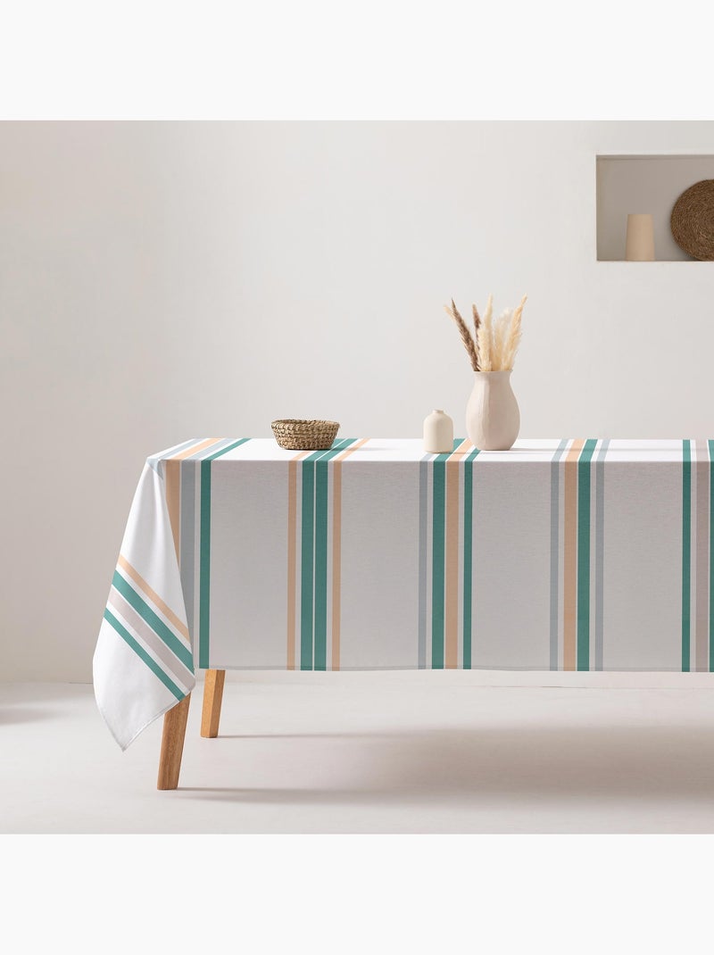 Toalha de mesa antinódoas de algodão com riscas largas, caimento natural - Gamusi. Verde sálvia/Branco sujo/Areia - Kiabi