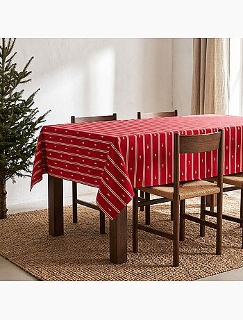 Toalha de mesa de natal às riscas duplas com fio lurex e abetos bordados em relevo - gamusi.