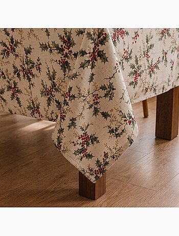 Toalha de mesa de natal com toque de linho natural e estampado de azevinho - gamusi.