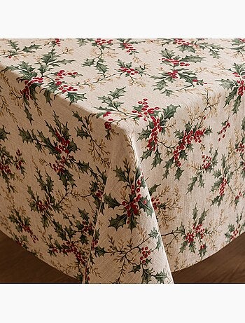 Toalha de mesa de natal com toque de linho natural e estampado de azevinho - gamusi.