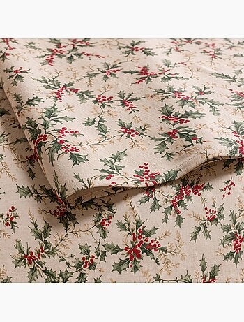 Toalha de mesa de natal com toque de linho natural e estampado de azevinho - gamusi.
