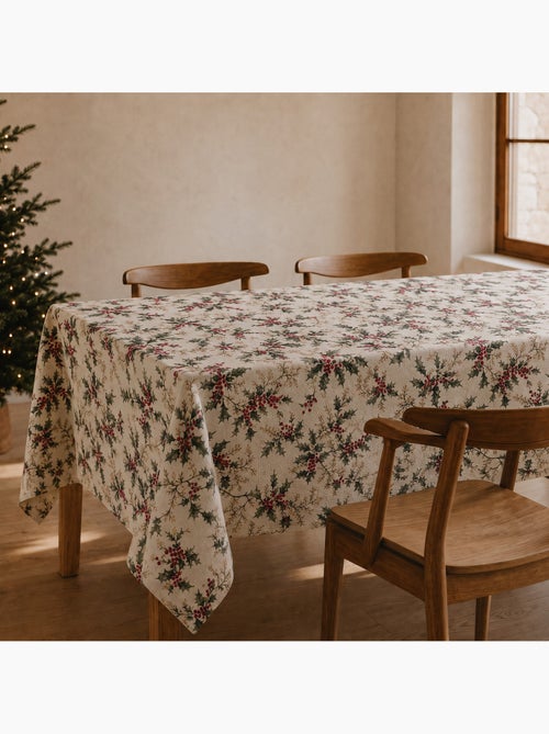 Toalha de mesa de natal com toque de linho natural e estampado de azevinho - gamusi. - Kiabi Toalha de mesa de natal com toque de linho natural e estampado de azevinho - gamusi. - Kiabi