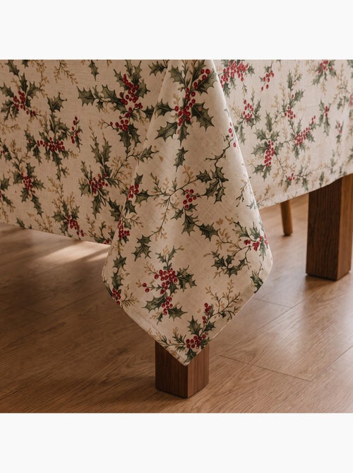 Toalha de mesa de natal com toque de linho natural e estampado de azevinho - gamusi. - Kiabi Toalha de mesa de natal com toque de linho natural e estampado de azevinho - gamusi. - Kiabi