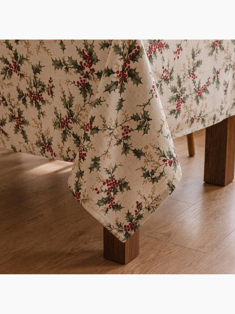 Toalha de mesa de natal com toque de linho natural e estampado de azevinho - gamusi. Linho - Kiabi