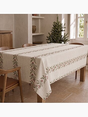 Toalha de mesa de natal com toque de linho natural e estampado de grinalda de natal - gamusi.
