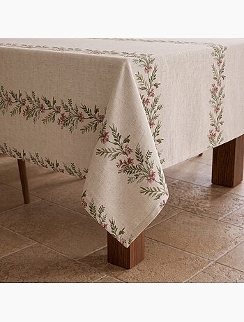 Toalha de mesa de natal com toque de linho natural e estampado de grinalda de natal - gamusi.