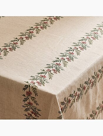 Toalha de mesa de natal com toque de linho natural e estampado de grinalda de natal - gamusi.