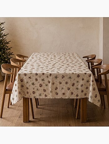 Toalha de mesa de natal com toque de linho natural e estampado de pinheiros - gamusi.