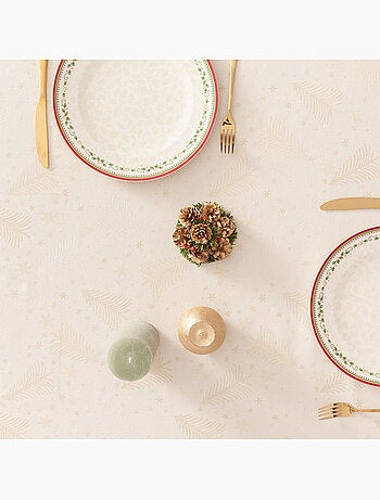 Toalha de mesa de natal em algodão, abetos e estrelas dourados em relevo - gamusi
