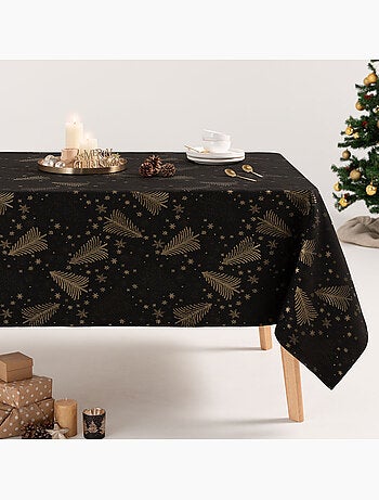 Toalha de mesa de natal em algodão, abetos e estrelas dourados em relevo - gamusi