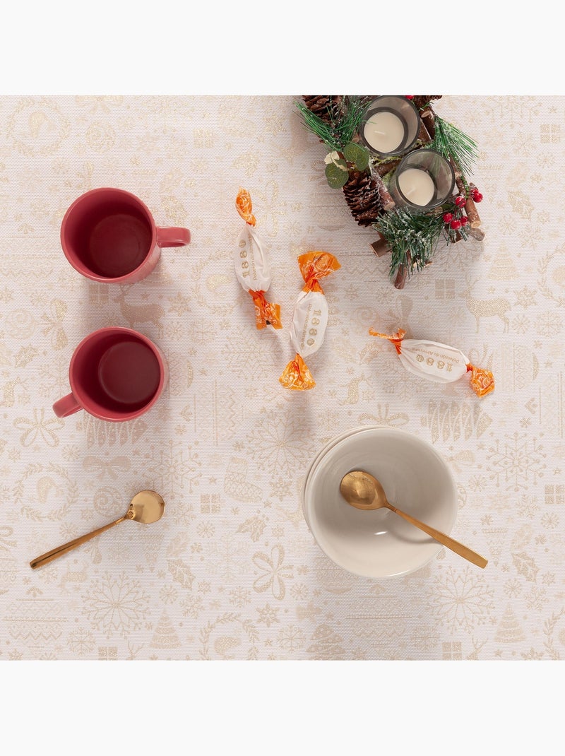 Toalha de mesa de natal em algodão, motivos natalícios dourados em relevo - gamusi Branco Dourado - Kiabi