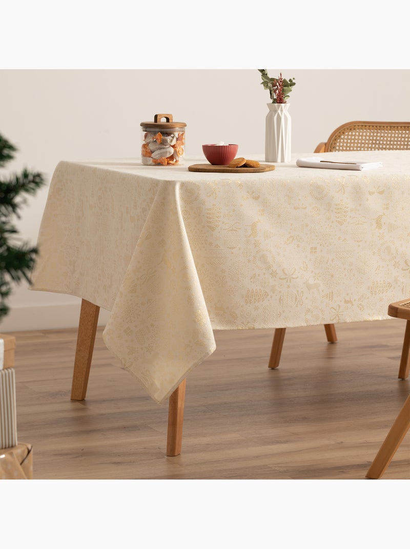 Toalha de mesa de natal em algodão, motivos natalícios dourados em relevo - gamusi Ecru - Kiabi