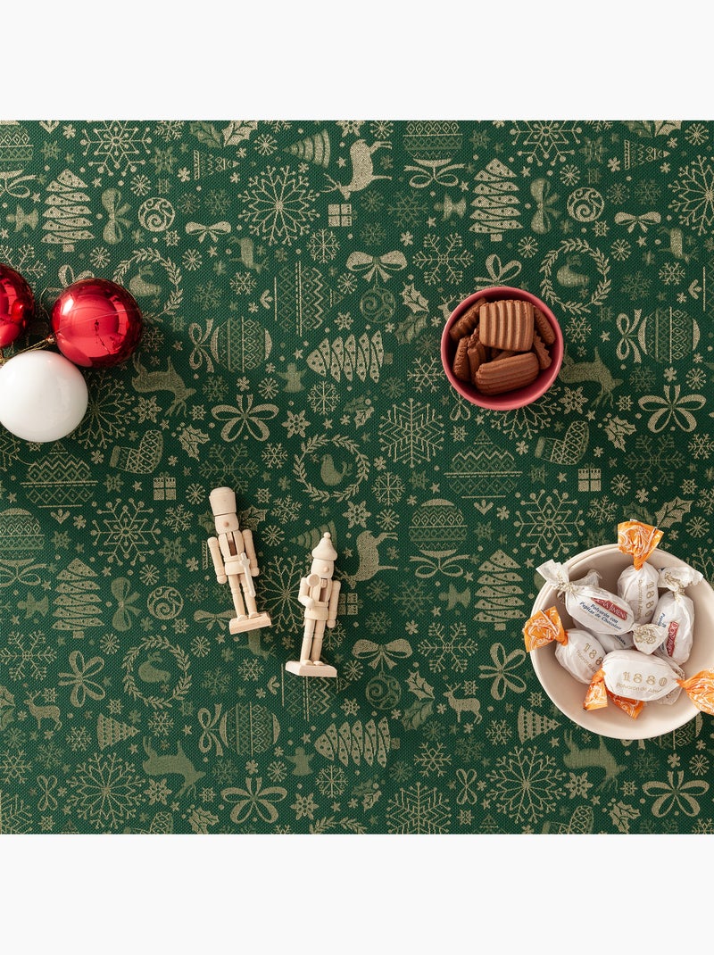 Toalha de mesa de natal em algodão, motivos natalícios dourados em relevo - gamusi Verde - Kiabi