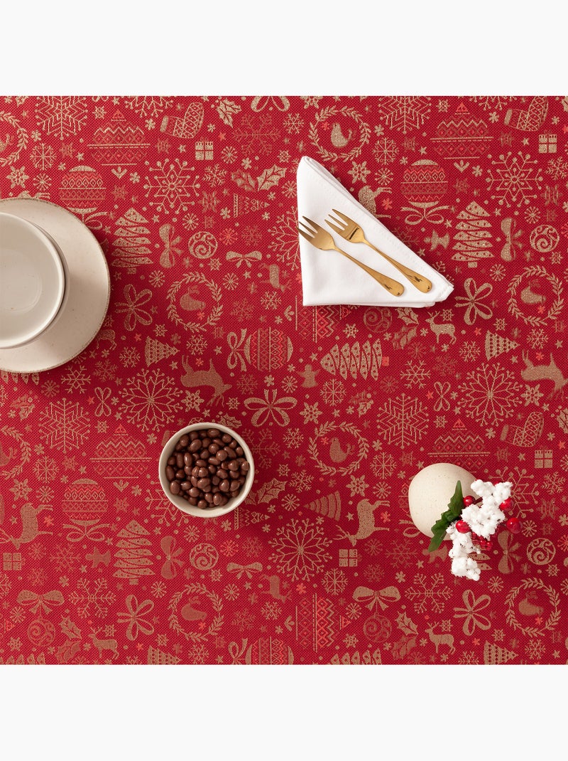Toalha de mesa de natal em algodão, motivos natalícios dourados em relevo - gamusi Vermelho - Kiabi