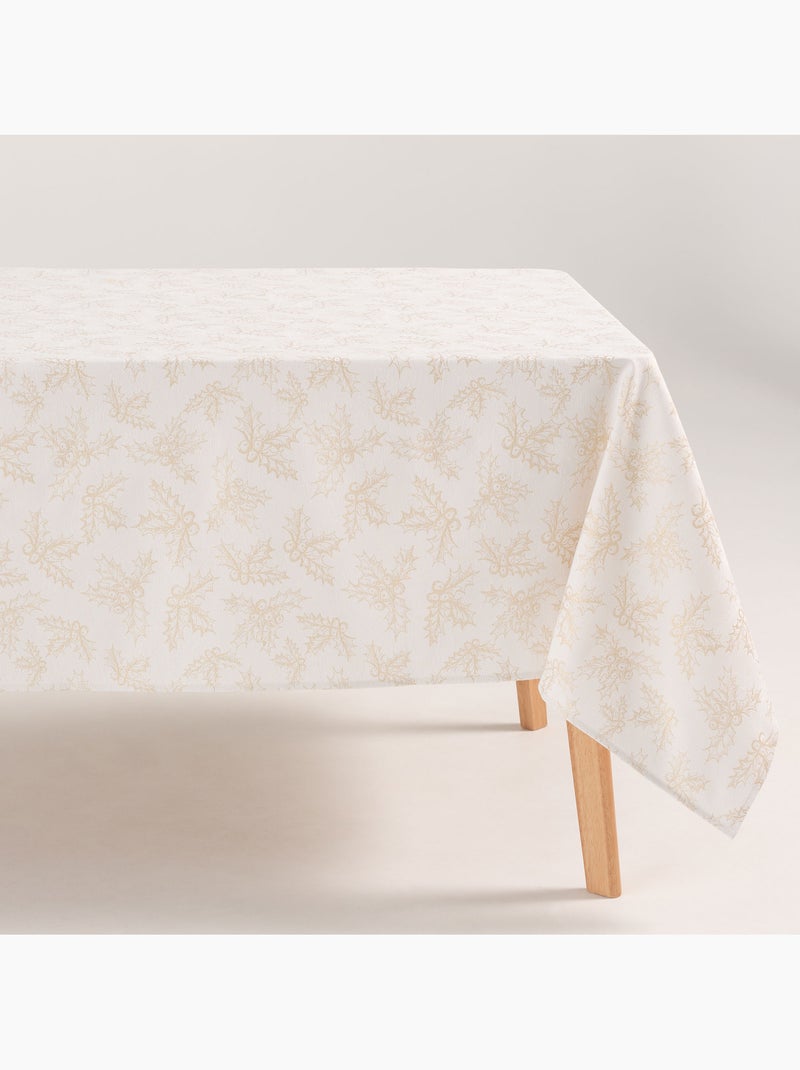Toalha de mesa de natal em algodão, ramos de azevinho dourados em relevo - gamusi Branco Dourado - Kiabi